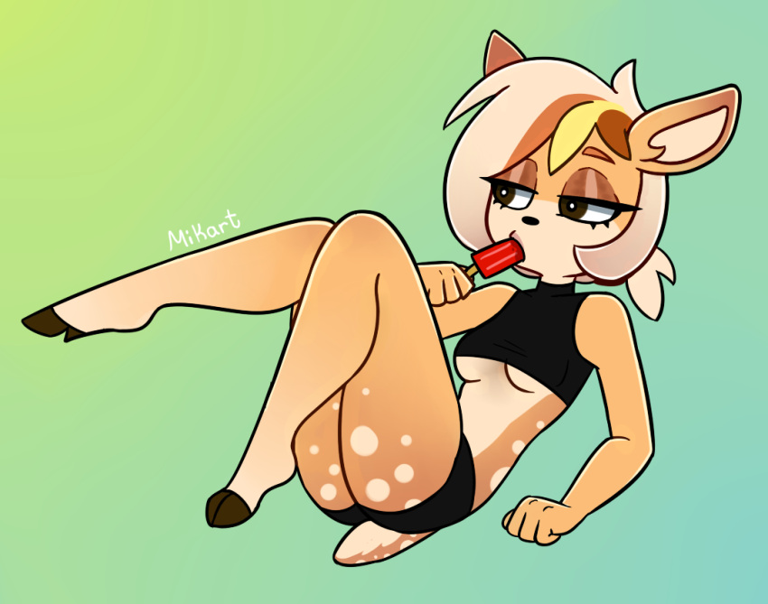 anthro black_clothing blonde_hair brown_eyes cervid cervine clothed clothing female food fur hair hooves mammal mikart popsicle short_hair simple_background solo yellow_body yellow_fur