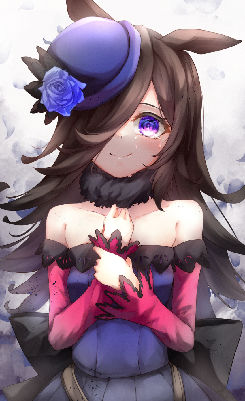 1girl absurdres animal_ears bare_shoulders blue_dress blue_flower blue_headwear blue_rose bow_dress brown_hair calpis118 closed_mouth crying crying_with_eyes_open dress flower fur_collar hair_over_one_eye happy_tears hat hat_over_one_eye highres horse_ears horse_girl long_hair long_sleeves looking_at_viewer off-shoulder_dress off_shoulder purple_eyes rice_shower_(umamusume) rose skindentation smile solo tears tilted_headwear umamusume upper_body