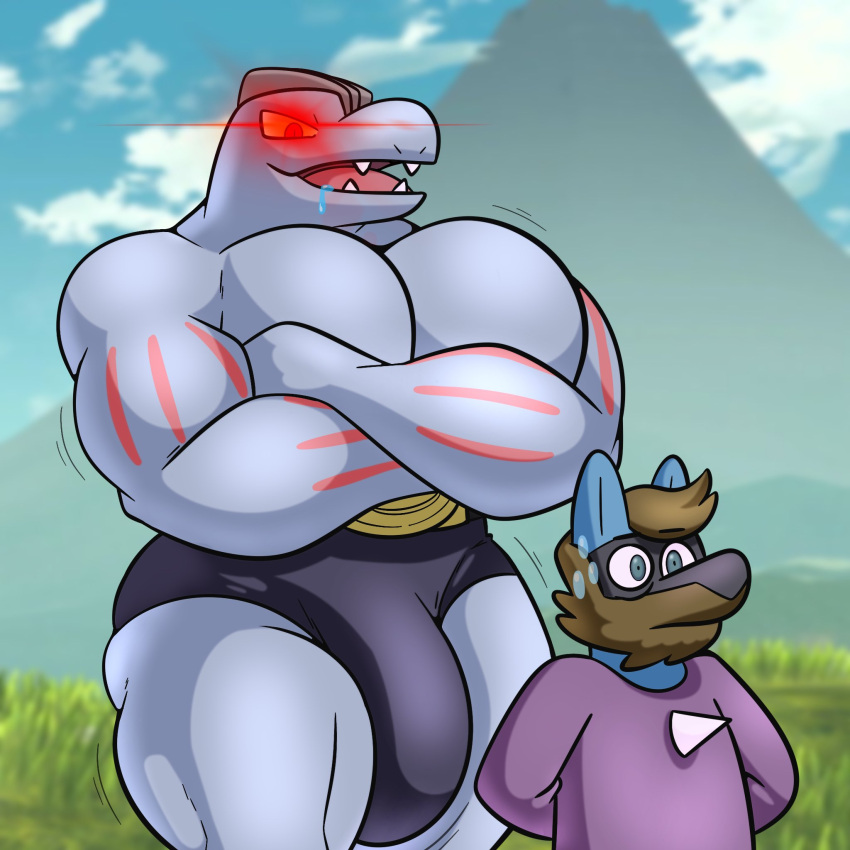 alpha_pok&eacute;mon anthro beard big_bulge big_pecs blue_eyes brown_hair bulge clothing cole_(colelucario) colelucario crossed_arms duo facial_hair hair hi_res lucario machoke male mountain muscular muscular_anthro muscular_male nintendo outside pecs pok&eacute;mon pok&eacute;mon_(species) pokemon_legends_arceus purple_clothing purple_shirt purple_topwear red_eyes shirt topwear video_games