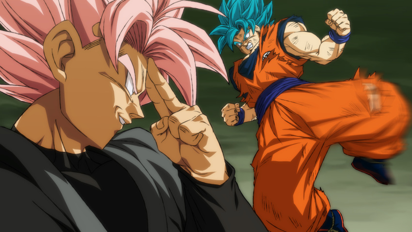 2boys angry battle battle_damage blue_eyes blue_hair dougi dragon_ball dragon_ball_super evil_grin evil_smile goku_black grey_eyes grin instant_transmission kicking male_focus multiple_boys muscular muscular_male pink_hair rom_(20) sky smile son_goku spiked_hair super_saiyan super_saiyan_blue super_saiyan_rose torn_clothes