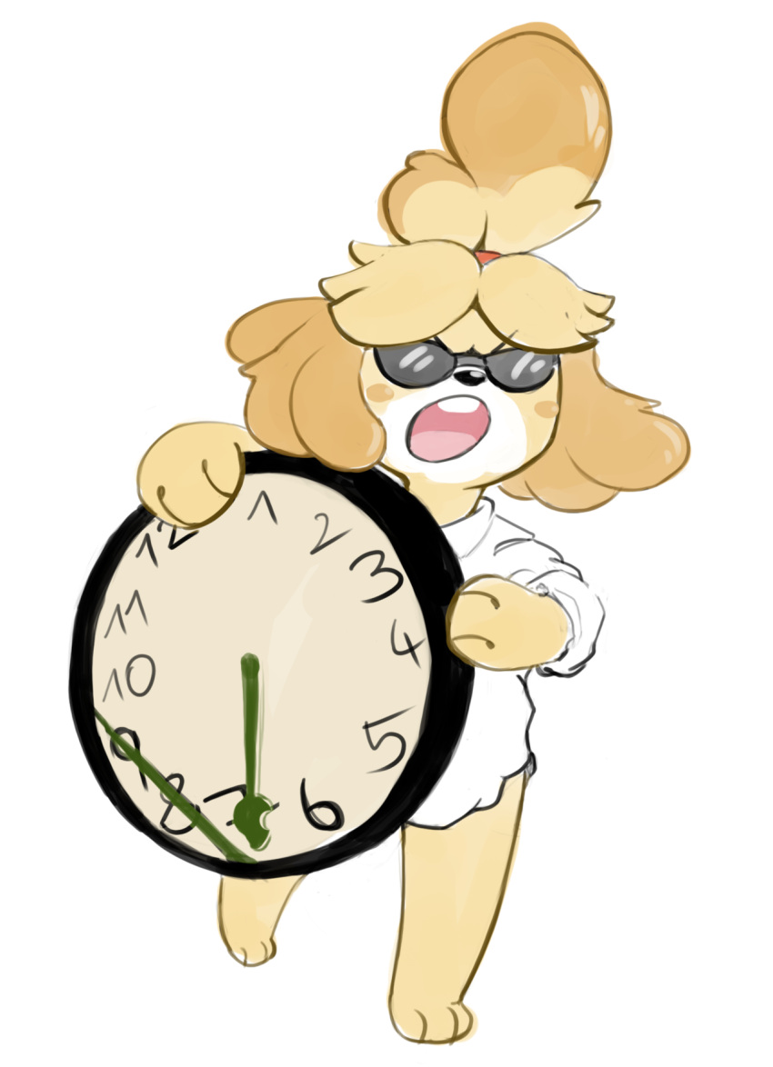 2018 animal_crossing anthro barefoot canid canine canis clock clothed clothing domestic_dog eyewear feet female filthy_frank hi_res humor isabelle_(animal_crossing) it's_time_to_stop mammal meme nintendo open_mouth paws simple_background solo standing sunglasses teabrodraws video_games white_background