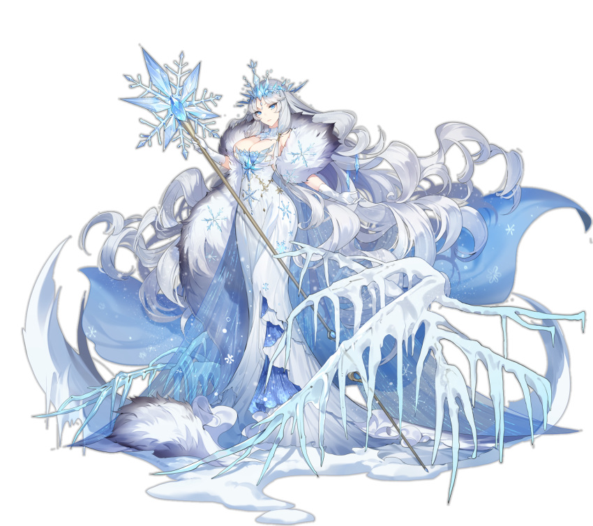 1girl ark_order blue_cape blue_eyes breasts cape cleavage diadem dress frozen fur_coat gloves hat hatoyama_itsuru highres holding holding_staff huge_breasts ice long_dress looking_at_viewer official_art sleeveless sleeveless_dress snow snowflake_print snowflakes solo staff tachi-e the_snow_queen the_snow_queen_(ark_order) transparent_background white_dress white_gloves white_hair white_headwear