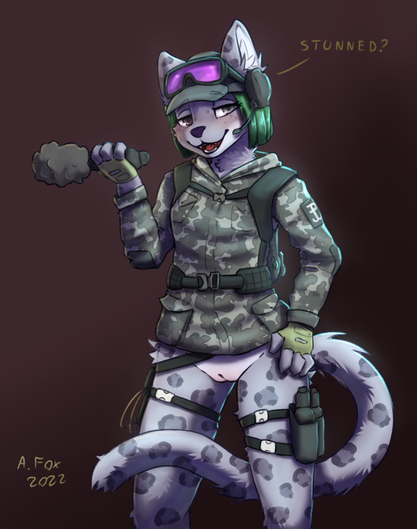 camo camo_clothing camo_print clothing ela_(rainbow_six) felid female genitals hi_res mammal mr.albafox pantherine pattern_clothing pussy rainbow_six:_siege smug snow_leopard solo tom_clancy's_(series) ubisoft video_games