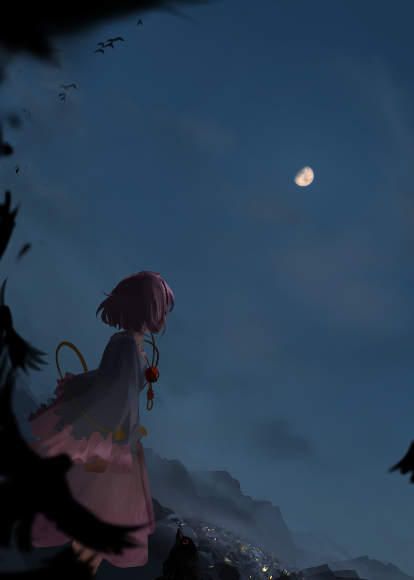 1girl absurdres bird black_eyes blouse blue_blouse building cloud commentary crow feathers feet_out_of_frame floral_print frilled_shirt_collar frilled_sleeves frills from_side highres house komeiji_satori long_sleeves looking_away moon mountain mountainous_horizon night night_sky pink_hair pink_skirt red_eyes rose_print scenery short_hair skirt sky solo third_eye touhou ushitsuchi village wide_sleeves