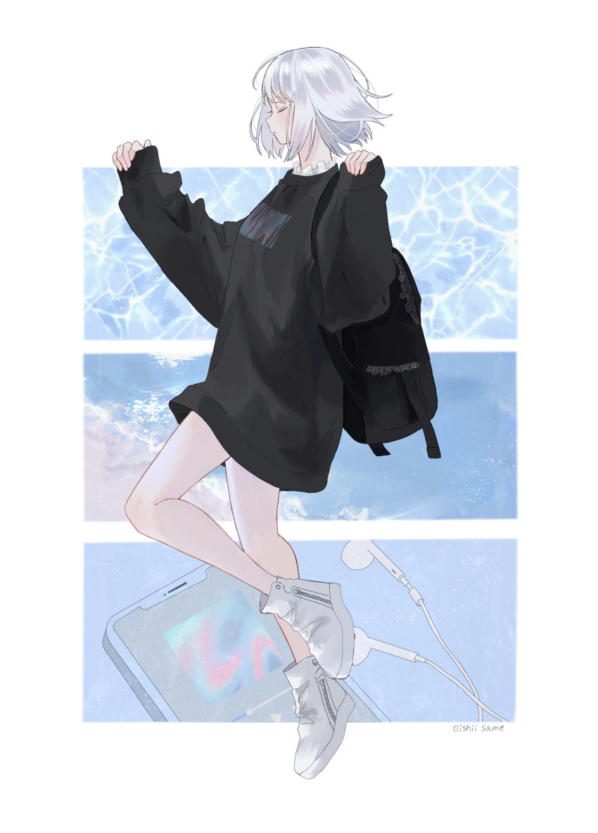 1girl artist_name backpack bag black_bag black_shirt border closed_eyes closed_mouth earbuds earphones frilled_shirt_collar frills from_side full_body hands_up highres long_sleeves no_socks original outside_border oversized_clothes oversized_shirt profile shiny shiny_hair shirt shoes silver_hair sneakers solo sutera_sea water white_border white_footwear zipper