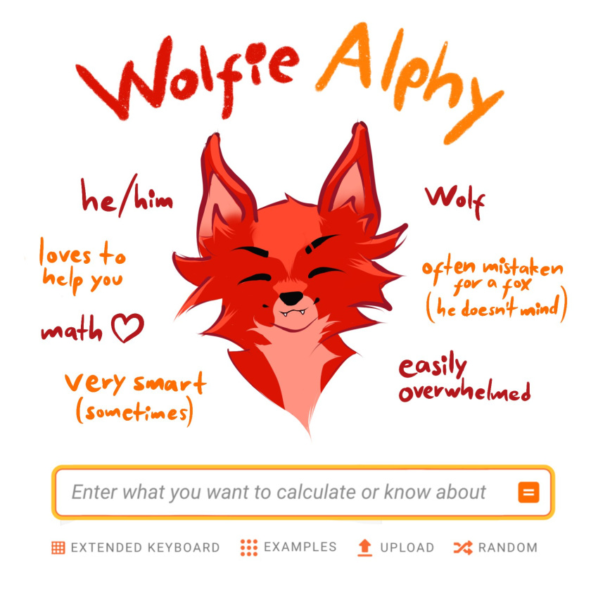 ambiguous_gender canid canine canis countershading english_text eyes_closed freya_holmer fur grey_text hi_res male_(lore) mammal math orange_text orange_text_box red_body red_ears red_fur red_text simple_background smile smiling_at_viewer solo text white_background wolf wolfie_alphy wolfram_alpha