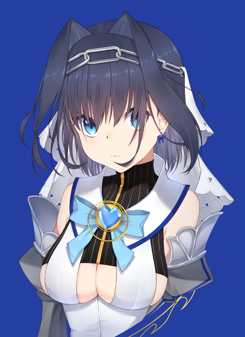 1girl absurdres blue_hair blue_ribbon bow bow_earrings breasts chain cleavage_cutout clothing_cutout detached_sleeves earrings hair_intakes head_chain headband heart-shaped_gem highres hololive jewelry large_breasts looking_at_viewer ouro_kronii ribbon ribbon_earrings sailor_collar shirt short_hair sleeveless sleeveless_shirt solo sweater tefutefu_(tefutefu_u3) turtleneck turtleneck_sweater underboob underboob_cutout virtual_youtuber zipper