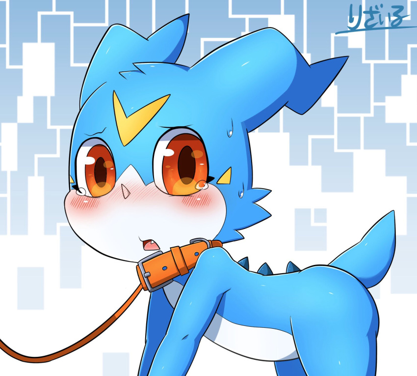 anthro bandai_namco blush butt collar digimon digimon_(species) embarrassed hi_res horn leaflizard0903 leash male petplay red_eyes roleplay spines veemon