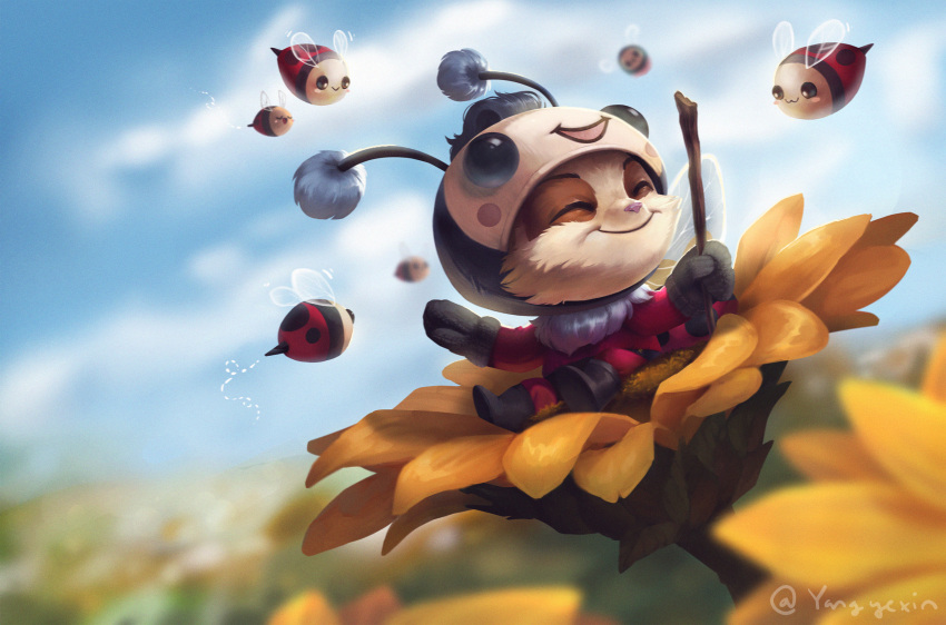 :3 :d alternate_color animal bangs bee bee_hat beemo blurry blurry_background bodysuit bug closed_eyes flower fur_trim happy highres holding league_of_legends mittens open_mouth outdoors red_bodysuit smile sunflower teemo wings yangyexin yordle