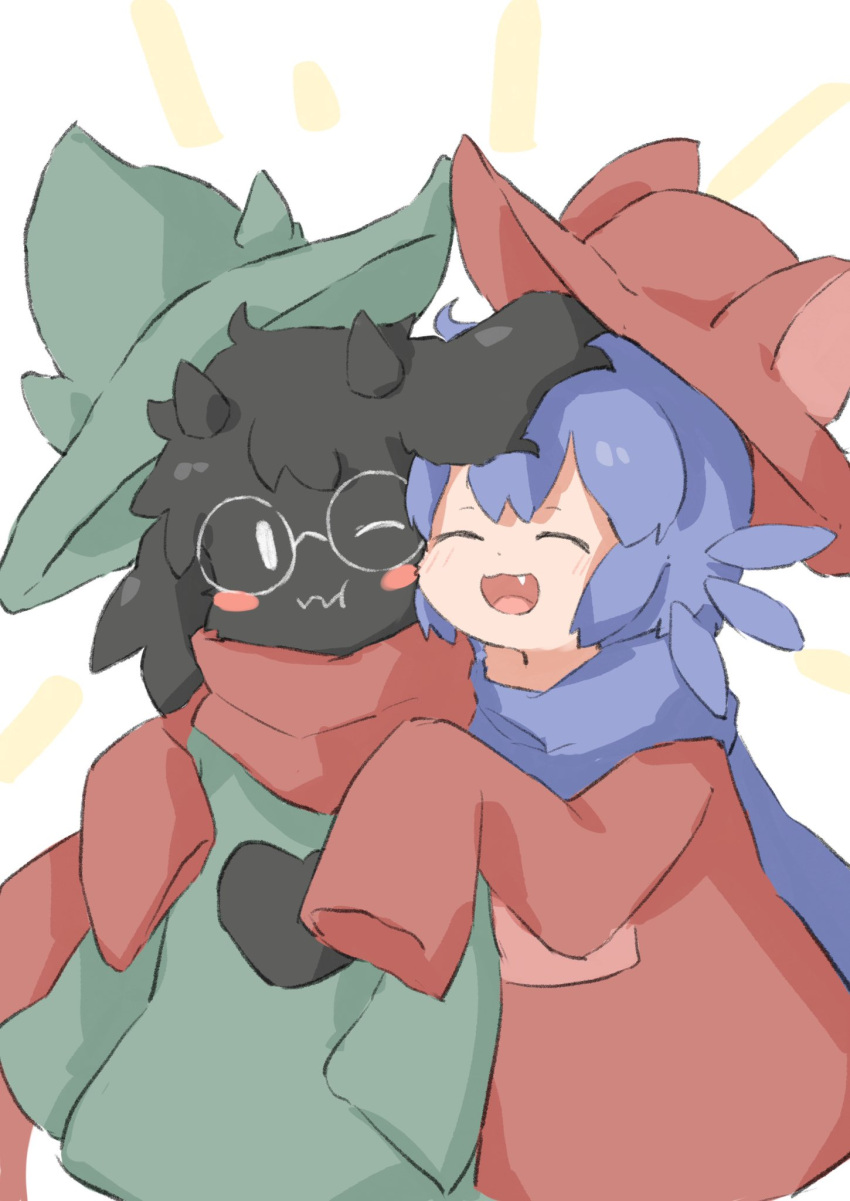 &lt;3 :3 ^_^ ambiguous_gender anthro baggy_clothing baggy_topwear biped black_body black_ears black_fur black_horn blue_clothing blue_hair blue_scarf blush blush_stickers bovid caprine clothed clothing colored cute_fangs deltarune digital_drawing_(artwork) digital_media_(artwork) domestic_cat duo embrace eyes_closed eyewear fangs felid feline felis fluffy fluffy_ears front_view fully_clothed fur glasses goat green_clothing green_hat green_headwear green_robe hair half-length_portrait hat head_tuft headgear headwear heart_clothing heart_print hi_res horn hug kemono looking_at_another mammal monotone_body monotone_ears monotone_fur monotone_hair niko_(oneshot) one_eye_closed oneshot open_mouth open_smile portrait ralsei red_clothing red_hat red_headwear red_robe red_scarf scarf shaded short_hair simple_background smile standing tan_body tan_fur topwear tsukiya_(rajx3523) tuft undertale_(series) video_games white_background white_eyes witch_hat