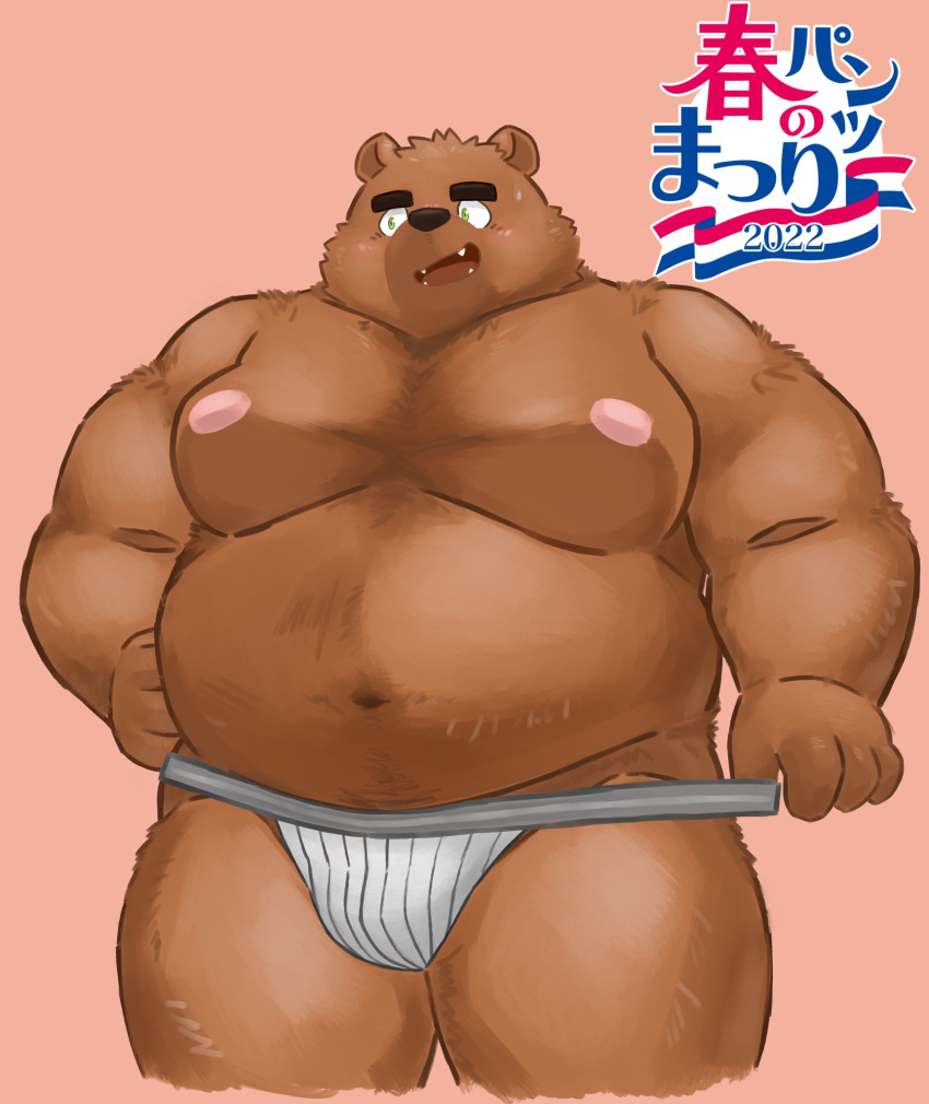 2022 anthro belly brown_body bulge clothing hi_res humanoid_hands japanese_text kemono male mammal moobs navel nipples overweight overweight_male simple_background solo text underwear underwear_festival ursid yuuh1212