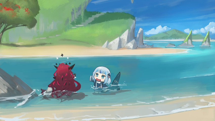 2girls bangs beach bite_mark blue_eyes blue_hair blue_hoodie blunt_bangs chibi cliff commentary english_commentary fish_tail gawr_gura grass hair_ornament highres hololive hololive_english hood hoodie horns in_water irys_(hololive) landscape long_hair long_sleeves medium_hair multicolored_hair multiple_girls nature ocean open_mouth paintrfiend red_hair rock sand shark_girl shark_hair_ornament shark_tail sharp_teeth silver_hair sky sleeves_past_wrists sloud streaked_hair tail teeth tree two_side_up very_long_hair virtual_youtuber water wide_sleeves wings