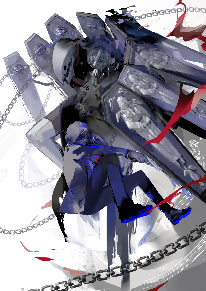 1boy absurdres blue_eyes blue_hair blue_jacket blue_pants chain coffin evoker full_body gekkoukan_high_school_uniform gun hair_over_one_eye highres holding holding_gun holding_weapon jacket knees_up long_sleeves looking_at_viewer male_focus nira_(nira_box) pants persona persona_3 school_uniform shoes short_hair sitting thanatos_(persona) weapon white_background yuuki_makoto