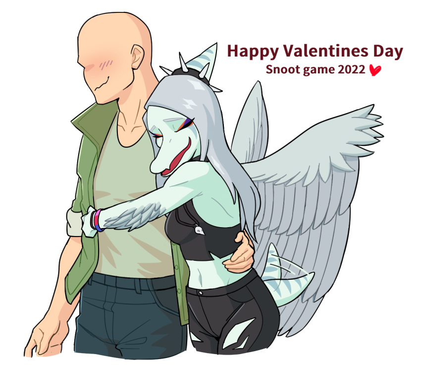 &lt;3 anon_(snoot_game) anthro blush blush_lines bottomwear clothing crop_top duo embrace eyebrows eyes_closed fang_(gvh) feathered_arms feathered_wings feathers female female/female goodbye_volcano_high grey_hair hair hand_on_hip hug hugging_from_behind human jacket jewelry long_hair makeup male male/female mammal motion_lines navel necklace open_mouth open_smile pants pterosaur reptile scalie shaded shirt simple_background small_tail smile smirk snoot_game_(fan_game) tail_motion tailwag text topwear torn_bottomwear torn_clothing wings