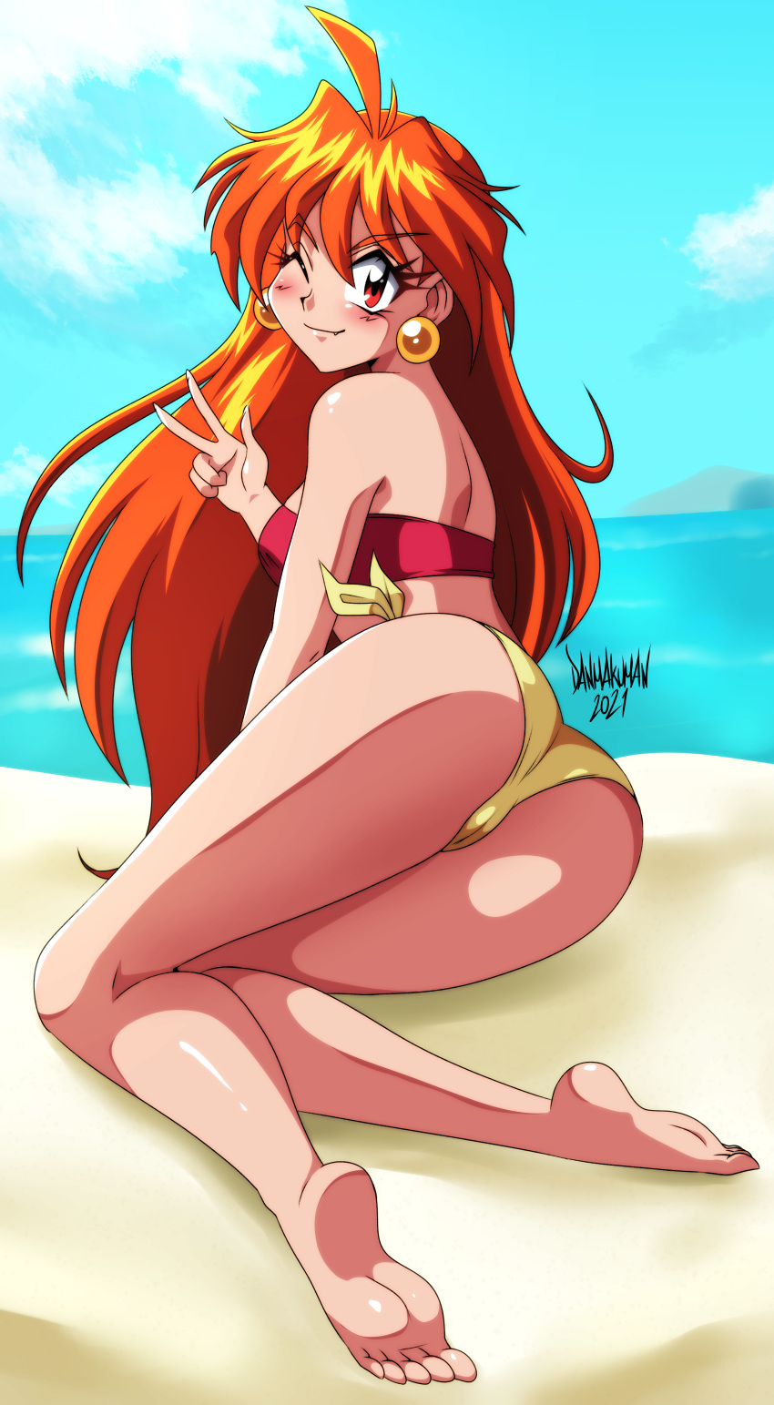 1girl absurdres ass bare_legs barefoot beach bikini blush breasts danmakuman earrings eyebrows_visible_through_hair fang feet from_behind full_body highres jewelry lina_inverse long_hair looking_at_viewer lying medium_breasts non-web_source ocean one_eye_closed orange_hair side-tie_bikini sky slayers smile solo strapless swimsuit v