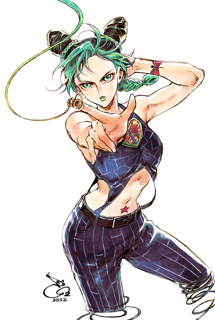 1girl 302 black_hair braid braided_ponytail butterfly_ornament butterfly_tattoo double_bun green_eyes green_hair green_lips hair_cones heart_on_chest highres jojo_no_kimyou_na_bouken kujo_jolyne midriff multicolored_hair navel_piercing piercing solo spider_web_print stone_ocean string tattoo two-tone_hair