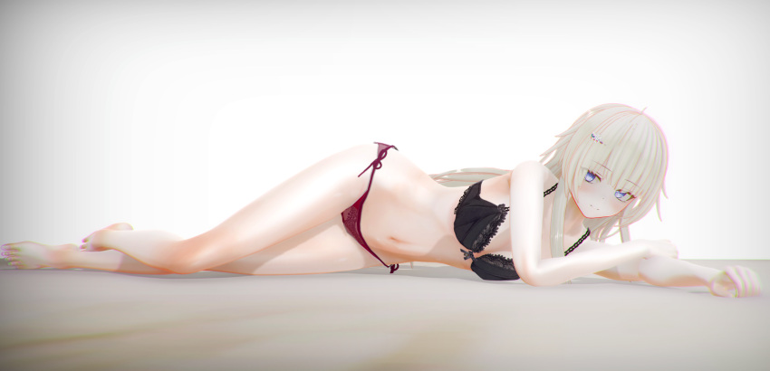 1girl absurdres ak74m_(girls'_frontline) bangs bare_legs barefoot black_bra blonde_hair blue_eyes blush bra breasts closed_mouth custom_maid_3d_2 eyebrows_visible_through_hair full_body girls'_frontline hair_ornament highres legs long_hair looking_at_viewer lying medium_breasts navel on_floor on_side panties red_panties russian_flag simple_background snowflake_hair_ornament solo toes underwear zmpg4752