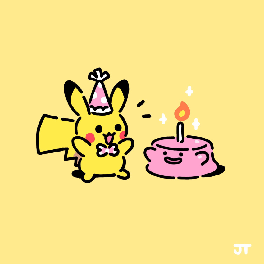 black_eyes bow bowtie candle commentary ditto fire flame hat hatted_pokemon highres james_turner no_humans notice_lines party_hat pikachu pink_bow pink_bowtie pink_headwear pokemon pokemon_(creature) polka_dot_headwear signature smile solid_circle_eyes sparkle standing yellow_background