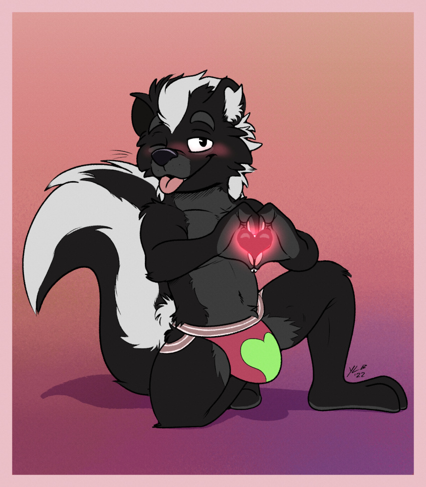 &lt;3 2022 anthro blep blush clothing digital_media_(artwork) fluffy fluffy_tail fur hi_res jockstrap korin_(sirhades123) looking_at_viewer male mammal mephitid pink_jockstrap simple_background skunk smile solo tongue tongue_out underwear yellowluster