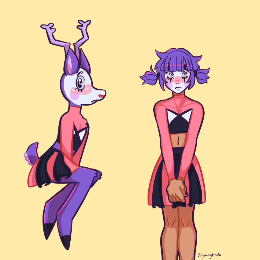 alternate_species anthro antlers blush bodily_fluids bottomwear capreoline cervid cheerleader_outfit clothed clothing crop_top crossdressing crying fur gemmykoala girly hair hands_together happy_tree_friends hi_res horn human humanized knees_together looking_at_viewer makeup male mammal midriff mime mime_(htf) miniskirt navel pigtails purple_body purple_fur purple_hair reindeer running_mascara shirt short_hair shy simple_background skirt solo tears topwear