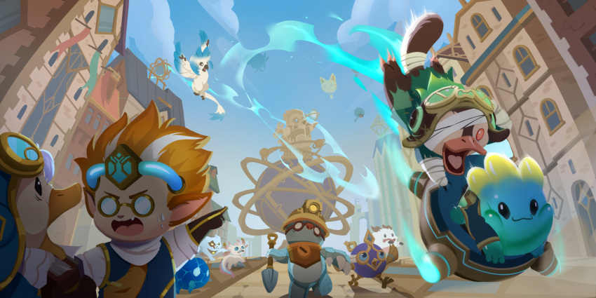 bandages bird blonde_hair brown_gloves cat city closed_mouth day fang gloves griffin heart highres holding holding_shovel house league_of_legends little_legend open_mouth outdoors penguin poro_(league_of_legends) shovel smile statue sweat tail teamfight_tactics teeth white_hair yangyexin