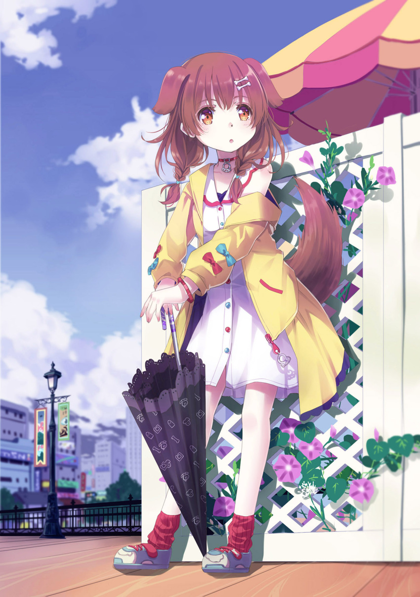 1girl 54hao animal_ears black_umbrella blue_bow blue_footwear blue_sky bone_hair_ornament bow braid brown_eyes brown_hair cartoon_bone closed_umbrella cloud day dog_ears dog_girl dog_tail dress flower hair_ornament hair_over_shoulder highres hololive inugami_korone jacket lamppost long_hair long_sleeves low_twintails off_shoulder open_clothes open_jacket outdoors parasol pink_flower puffy_long_sleeves puffy_sleeves railing red_bow red_legwear ribbed_legwear shoes sky sleeveless sleeveless_dress socks solo tail twin_braids twintails umbrella virtual_youtuber white_dress yellow_jacket