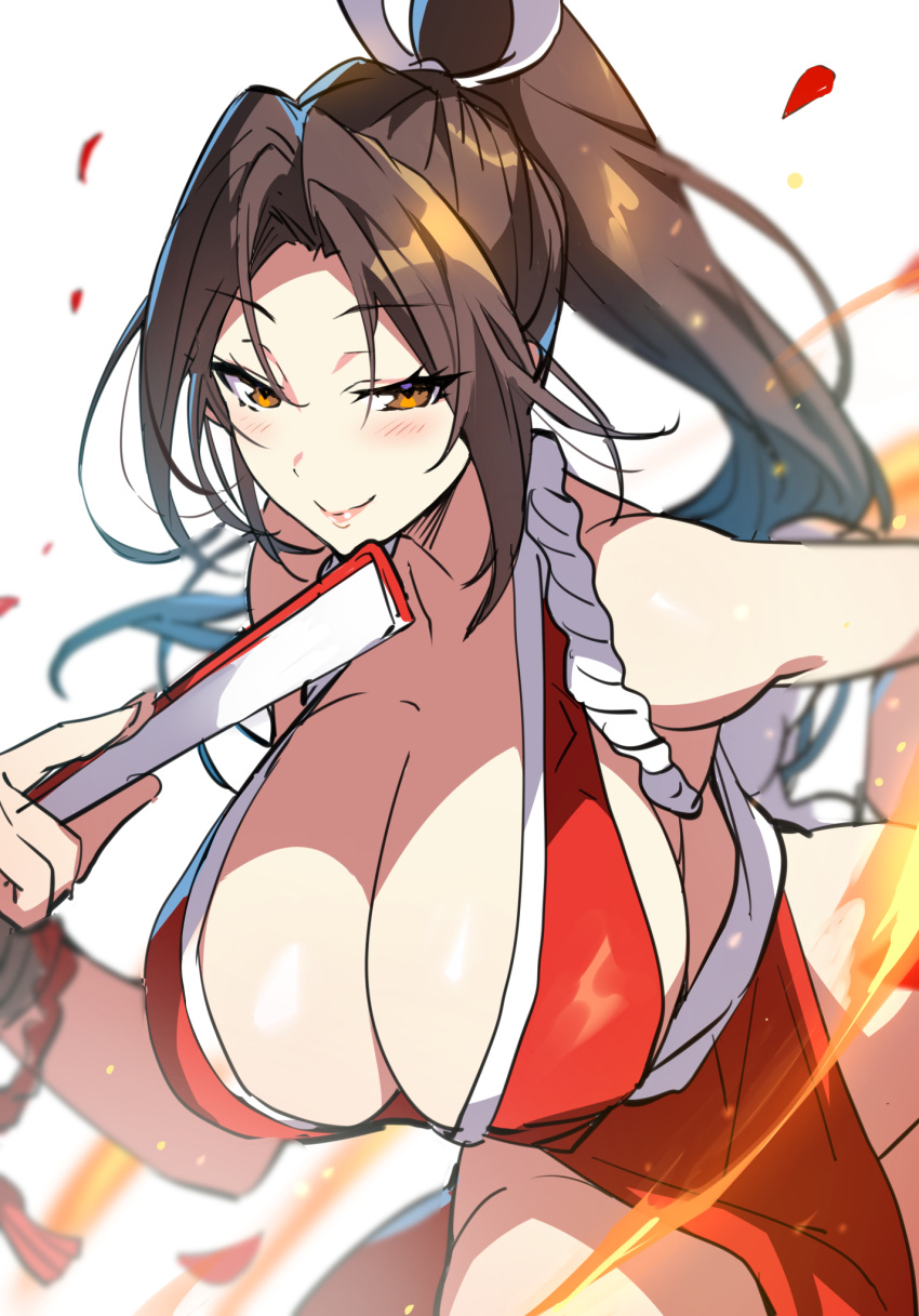 1girl arm_guards breasts brown_hair cleavage closed_fan eyebrows_visible_through_hair fire folding_fan hand_fan high_ponytail highres holding holding_fan huge_breasts looking_at_viewer ninja orange_eyes pelvic_curtain revealing_clothes rope senri_gan shiranui_mai sideboob standing the_king_of_fighters white_background