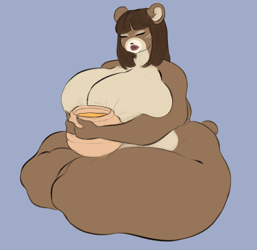 1:1 2022 alina_bychkov_(tasha_the_squirrel) anthro bear_tail big_breasts black_nose breasts brown_body brown_fur brown_hair chubby_female female food fur glitterpaw hair hi_res holding_object honey_(food) huge_breasts lips mammal nude one_eye_closed overweight red_lips russian simple_background sitting slightly_chubby solo tan_body tan_fur ursid vase