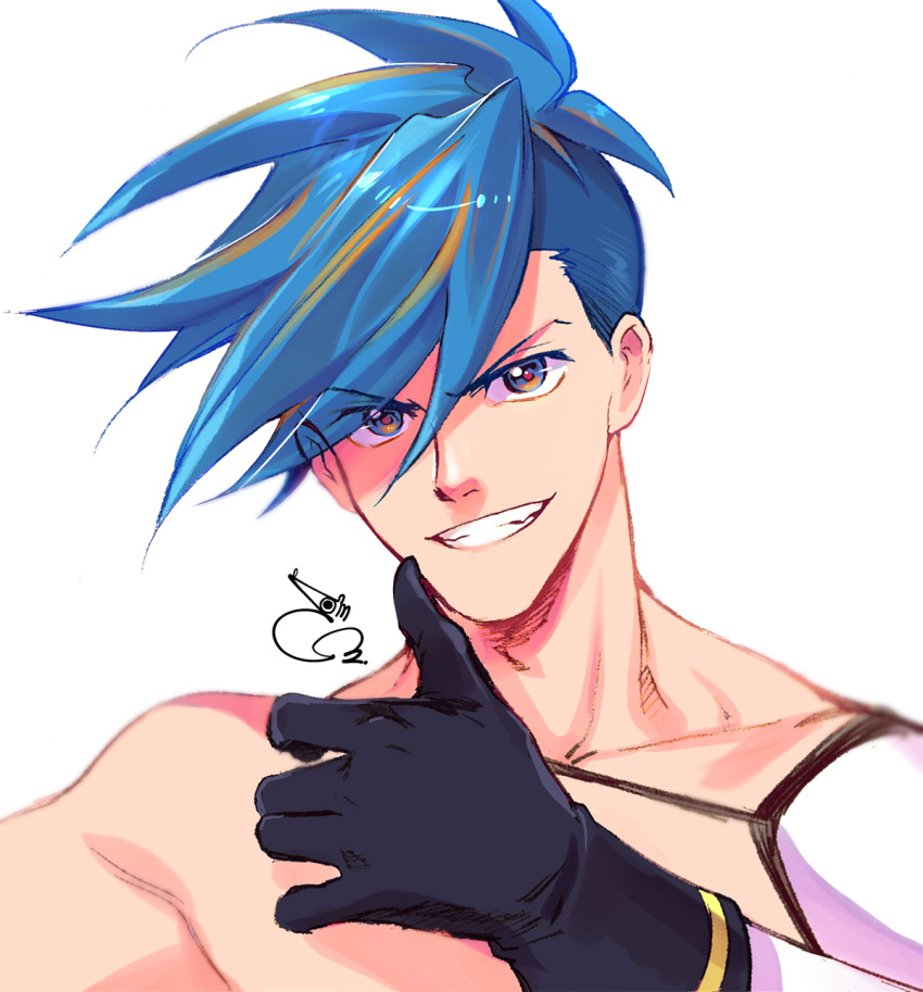 1boy 302 blue_eyes blue_hair detached_sleeves eyes_visible_through_hair galo_thymos gloves grin highres male_focus promare sidecut single_detached_sleeve smile solo thumbs_up topless_male