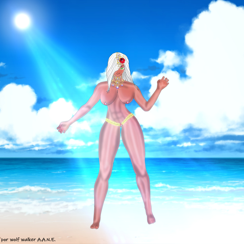 1girl absurdres beach bikini bikini_bottom_only blue_sky breasts brown_hair chain choker flower gem gold_chain green_eyes highres kawai large_breasts non-web_source original red_flower red_rose rose sky smile smiley_face sweets_lingerie swimsuit tan white_hair