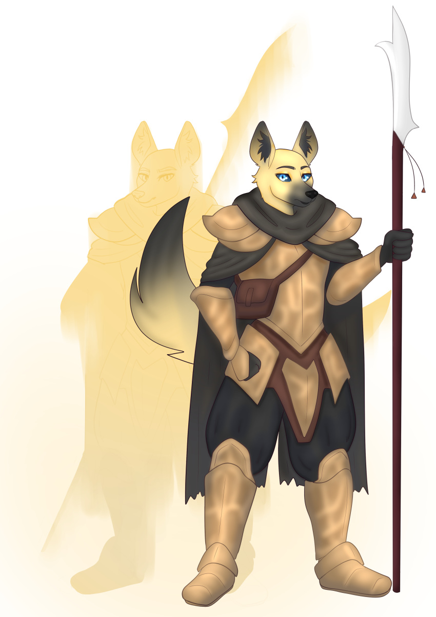 absurd_res anthro armor black_tip_tail black_tipped_ears blue_eyes canid canine cape clothed clothing dungeons_and_dragons echo_knight essau fennec fox hasbro heavy_armor hi_res inner_ear_fluff looking_at_viewer male mammal melee_weapon plate_armor polearm pouch_(anatomy) pouch_purse solo tuft weapon wizards_of_the_coast