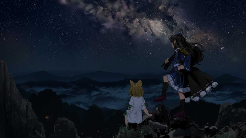 2girls animal_ears black_cape black_hair black_legwear blonde_hair blue_dress blue_headwear bug cape commentary dress firefly fox_ears fox_girl frilled_dress frills from_behind geta grass green_ribbon hand_on_hip hat highres holding_tripod iizunamaru_megumu kudamaki_tsukasa long_hair long_sleeves mountain mountainous_horizon multiple_girls nebula night night_sky on_ground purple_footwear ribbon romper scenery short_hair shoulder_guard sitting sky socks star_(sky) starry_sky suna_(s73d) tengu-geta tokin_hat touhou tripod white_romper