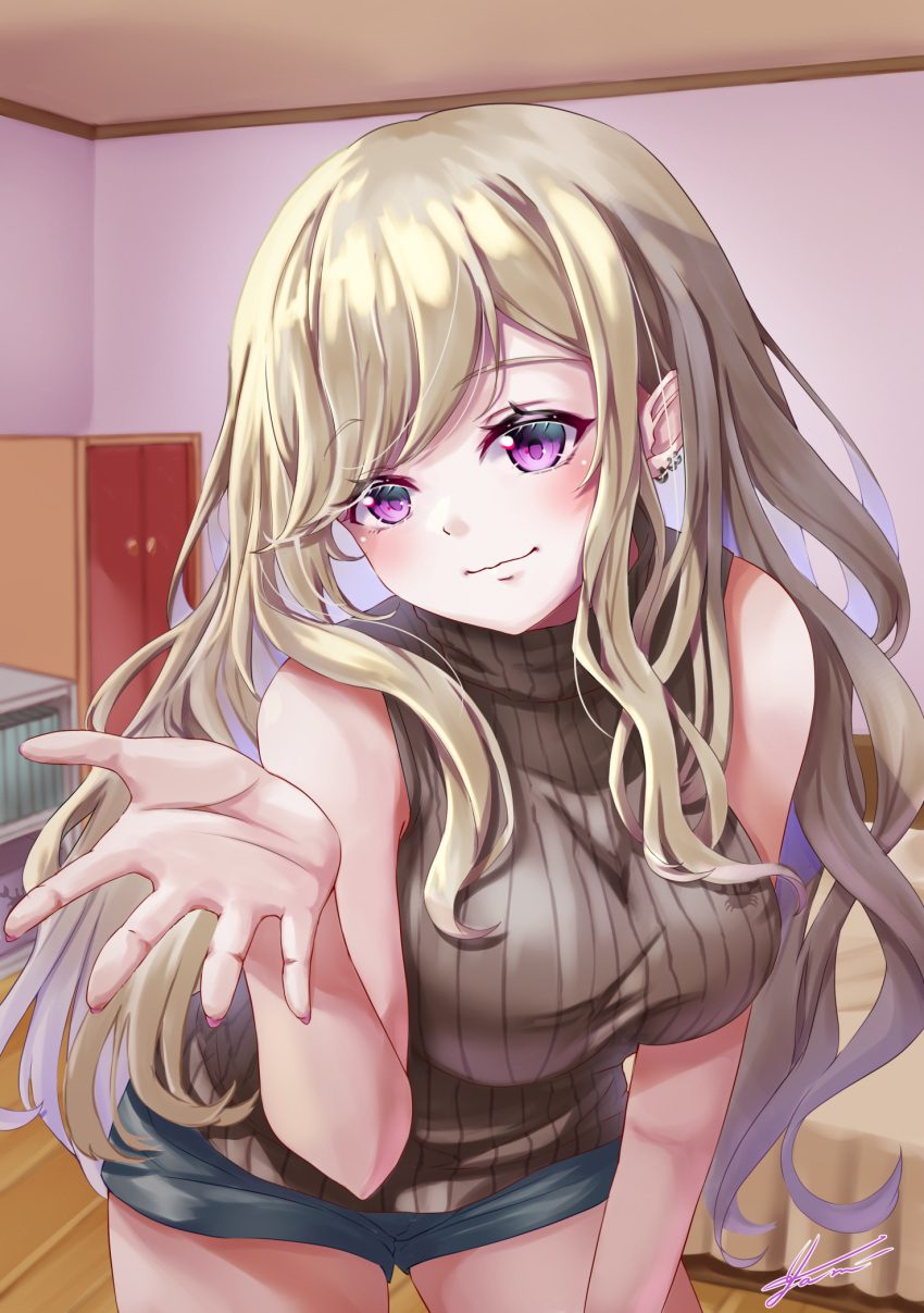 1girl bangs bedroom blonde_hair blush brown_sweater_vest closed_mouth eye_piercing eyebrows_visible_through_hair feet_out_of_frame highres leaning_forward long_hair looking_at_viewer nail_polish original pink_nails purple_eyes shorts solo standing sweater_vest yam_(yam6056)