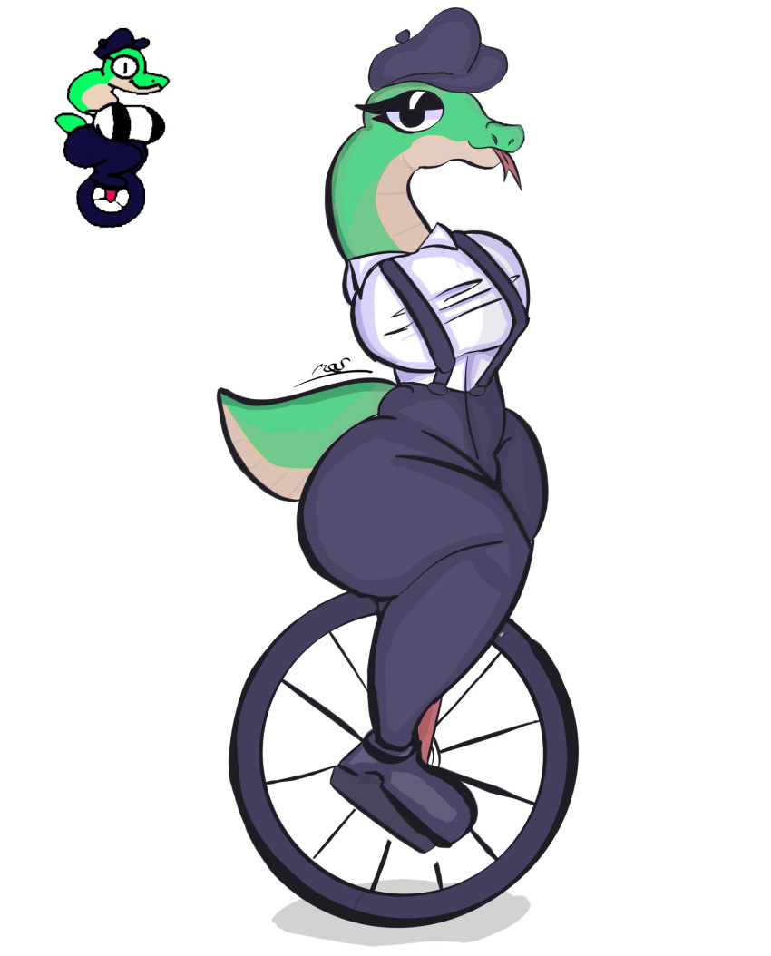anthro breasts female hi_res looking_at_viewer lucy_swallows reptile scalie snake solo tongue tongue_out unicycle