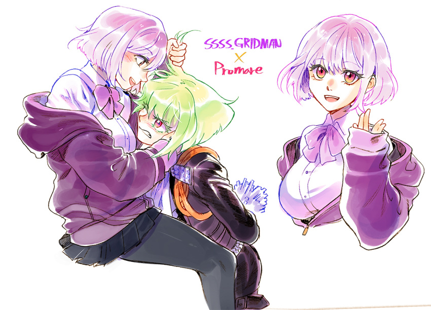 302 arms_behind_back black_gloves black_jacket bound breasts crossover cuffs gloves grabbing_another's_hair green_hair gridman_universe hairstyle_connection half_gloves handcuffs jacket large_breasts lio_fotia male_focus promare purple_eyes purple_hair purple_jacket shinjou_akane sleeves_past_wrists ssss.gridman tied_up_(nonsexual)
