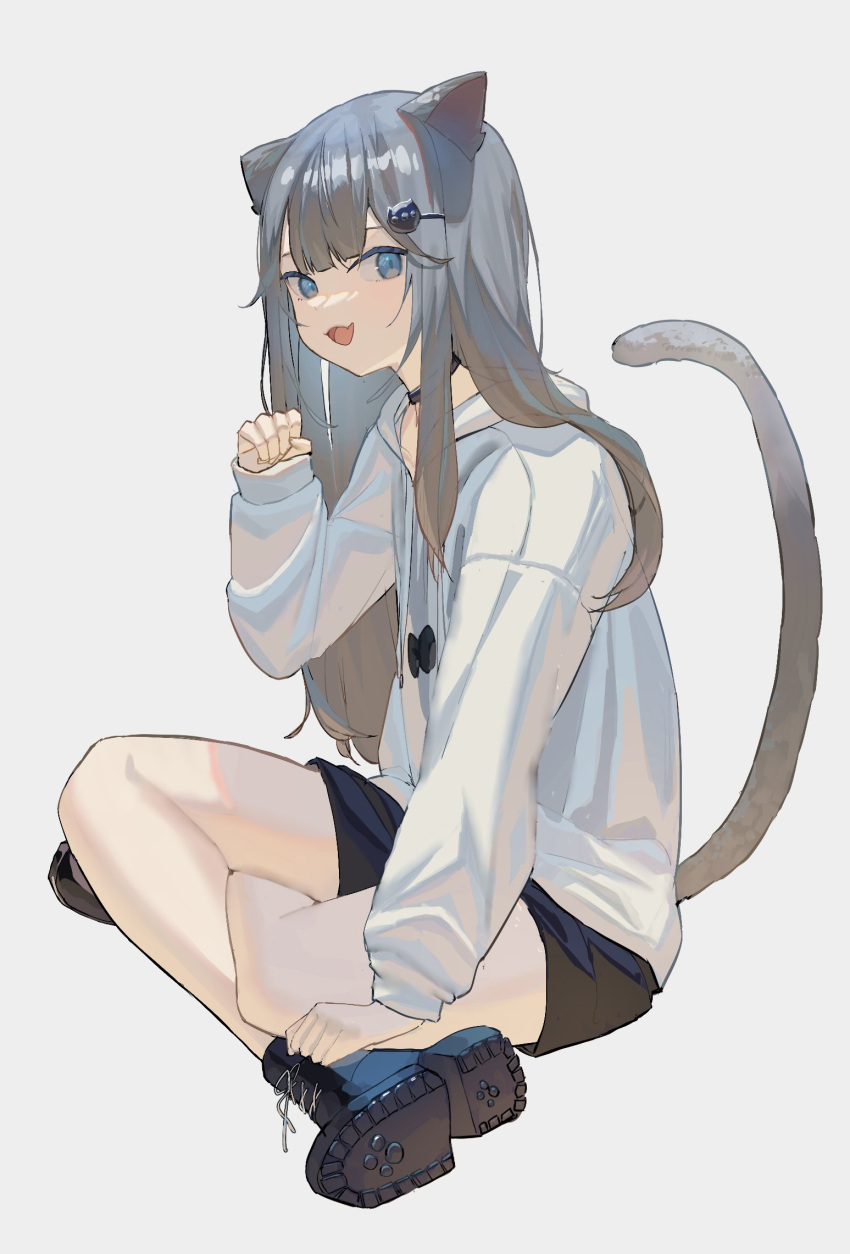 1girl 38_(sanjuuhachi) :d animal_ears bangs black_choker black_footwear black_shorts blue_eyes cat_ears cat_hair_ornament cat_tail choker commentary english_commentary eyebrows_behind_hair fang grey_background grey_hair hair_between_eyes hair_ornament hand_up highres indian_style indie_virtual_youtuber long_hair looking_at_viewer nacho_(amashiro_natsuki) open_mouth paw_pose shoes short_shorts shorts sidelocks simple_background sitting skin_fang smile sneakers solo sweater sweatshirt tail white_sweater