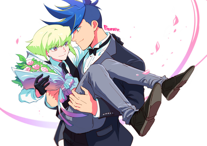 2boys 302 black_gloves blue_hair bouquet bow bowtie carrying formal galo_thymos gloves green_hair husband_and_husband lio_fotia male_focus multiple_boys princess_carry promare purple_eyes sidecut spiked_hair suit vest waistcoat yaoi