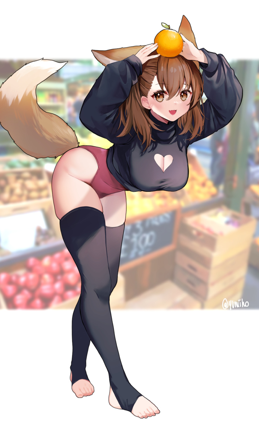 1girl :d animal_ears annytf arms_up bangs black_legwear blurry blurry_background breasts brown_eyes brown_hair cleavage_cutout clothing_cutout commentary extra_ears eyebrows_visible_through_hair fang food food_on_head fruit fruit_on_head hair_between_eyes highres holding holding_food holding_fruit indie_virtual_youtuber large_breasts leaning_forward legs leotard looking_at_viewer market medium_hair object_on_head open_mouth orange_(fruit) red_leotard shadow skin_fang smile solo standing stirrup_legwear sweater sweatshirt swept_bangs symbol-only_commentary tail thighhighs thighs toeless_legwear twitter_username virtual_youtuber yuniiho