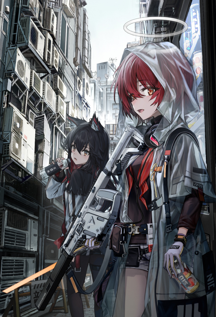 2girls air_conditioner animal_ear_fluff animal_ears arknights bangs belt black_hair black_legwear bottle can city commentary_request exusiai_(arknights) eyebrows_visible_through_hair feet_out_of_frame gloves gun hair_between_eyes halo headphones headphones_around_neck highres holding holding_bottle holding_can holding_weapon jacket kriss_vector long_hair long_sleeves looking_at_viewer multiple_girls open_mouth orange_eyes pantyhose red_hair satellite_dish shirt short_hair shorts smile submachine_gun texas_(arknights) veerinly weapon white_gloves white_jacket wolf_ears
