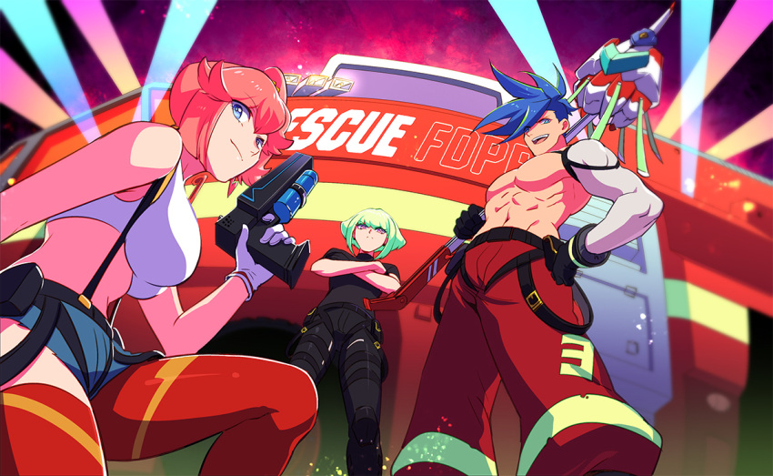 1girl 2boys 302 aina_ardebit asymmetrical_legwear belt_pouch black_gloves black_jacket blue_eyes breasts cropped_jacket detached_sleeves eyes_visible_through_hair fire_truck firefighter galo_thymos gloves green_hair ground_vehicle half_gloves jacket large_breasts lio_fotia male_focus matoi motor_vehicle multiple_boys pink_hair pouch promare purple_eyes red_legwear short_hair side_ponytail single_detached_sleeve spiked_hair suspenders topless_male uneven_legwear white_gloves