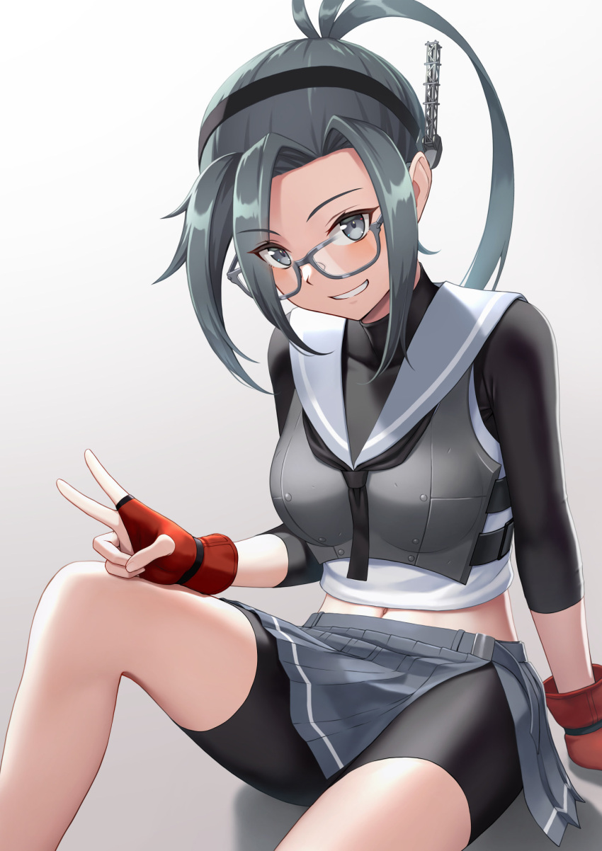 1girl amagiri_(kancolle) amagiri_kai_ni_(kancolle) asymmetrical_bangs bangs bike_shorts_under_skirt black_hairband black_shorts black_undershirt breasts fingerless_gloves glasses gloves grey-framed_eyewear grey_eyes grey_hair grey_sailor_collar grey_skirt hair_between_eyes hairband highres kantai_collection long_hair medium_breasts miniskirt ponytail porupurucha red_gloves sailor_collar shorts skirt solo very_long_hair