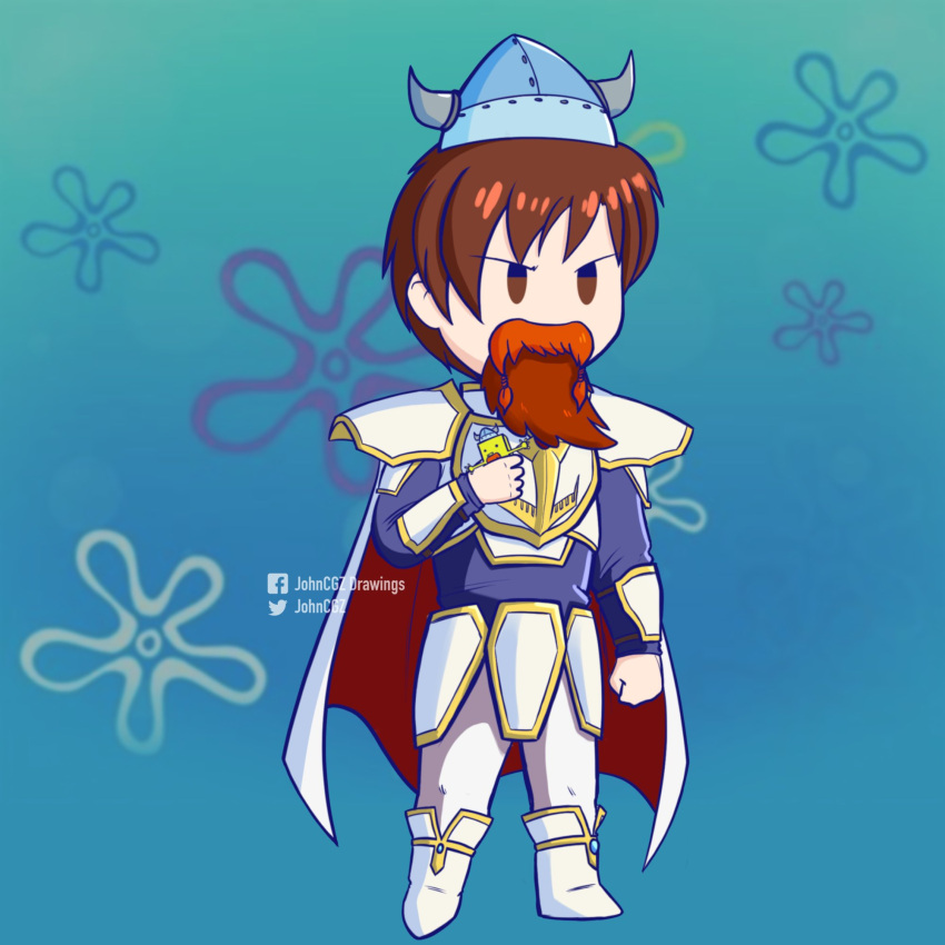 1boy armor artist_name bangs beard blue_shirt boots bracer breastplate brown_eyes brown_hair cape chibi commentary english_commentary facial_hair fake_horns fire_emblem fire_emblem:_thracia_776 full_body helmet highres holding horned_helmet horns johncgz leif_(fire_emblem) male_focus pants pauldrons shirt short_hair shoulder_armor solo spongebob_squarepants spongebob_squarepants_(character) viking white_footwear white_pants