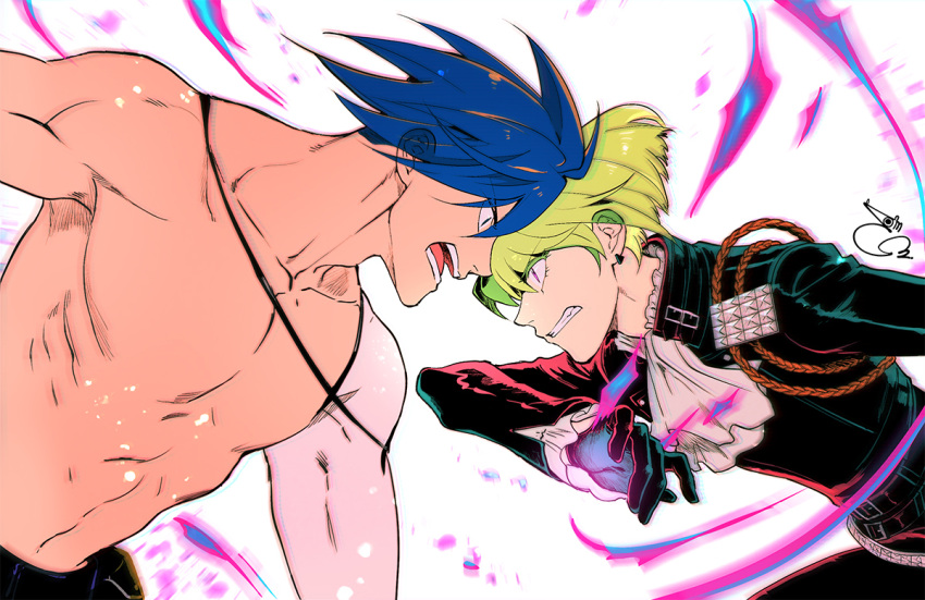 2boys 302 ascot black_gloves black_jacket blue_eyes blue_fire blue_hair face-to-face faceoff fire galo_thymos gloves green_hair jacket lio_fotia looking_at_another male_focus motion_blur multiple_boys promare purple_eyes purple_fire pyrokinesis sidecut spiked_hair topless_male