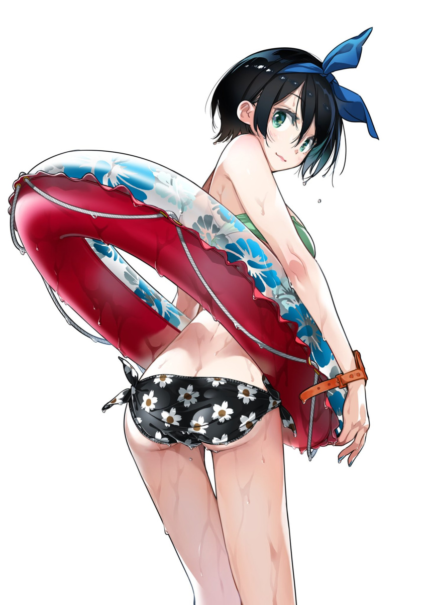 1girl ass back bikini black_bikini black_hair blue_eyes bow closed_mouth commentary_request flower_bikini green_bikini hair_bow hair_ribbon highres innertube kanojo_okarishimasu looking_at_viewer looking_back miyajima_reiji multicolored_bikini multicolored_clothes ribbon sarashina_ruka short_hair swimsuit wet wristband