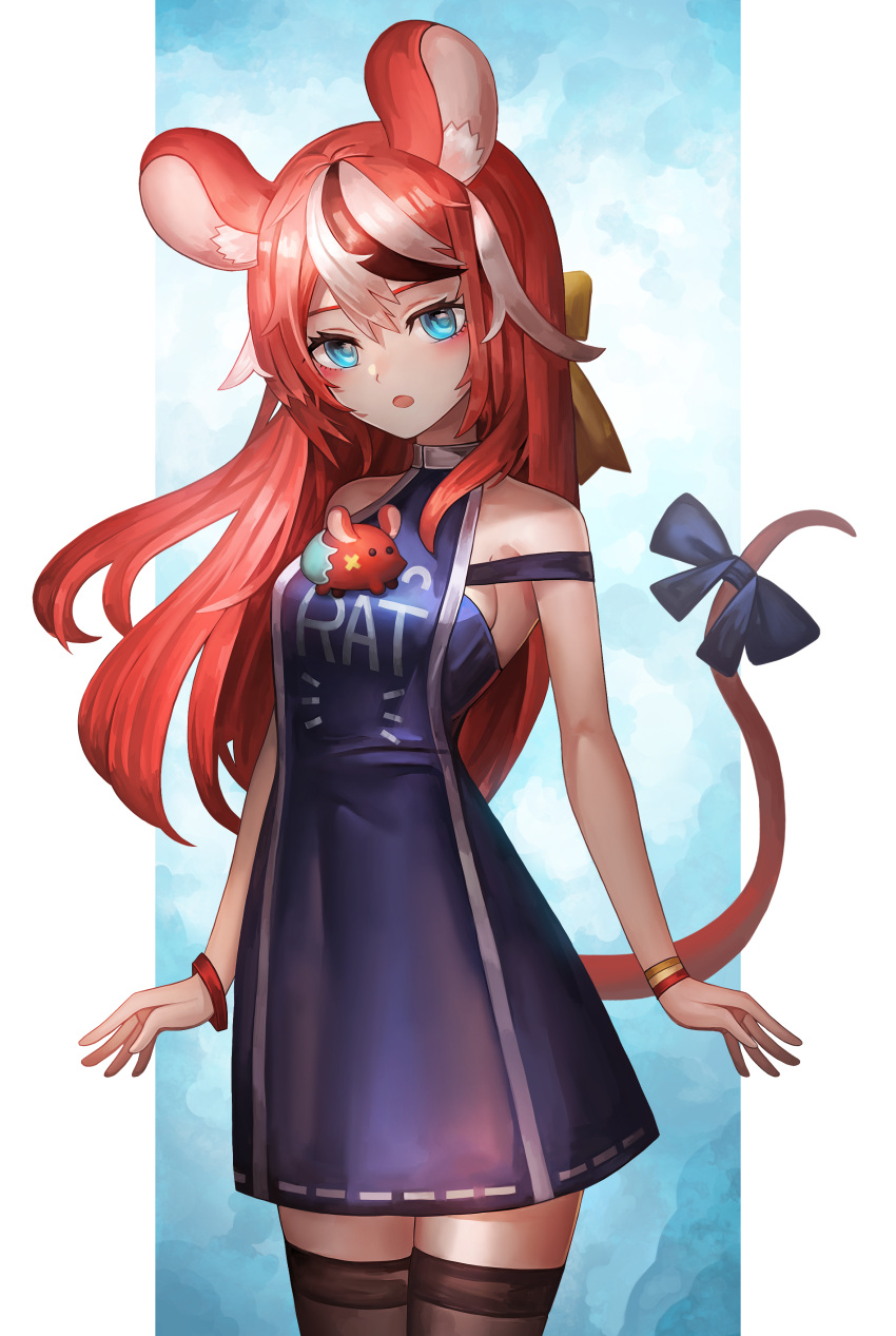 1girl absurdres animal_ear_fluff animal_ears bangs bare_shoulders black_hair blue_bow blue_dress blue_eyes blush bow bracelet breasts brown_legwear commentary_request dress hakos_baelz highres hololive hololive_english jewelry long_hair looking_at_viewer medium_breasts mouse_ears mouse_girl mouse_tail mr._squeaks_(hakos_baelz) multicolored_hair parted_lips red_hair solo streaked_hair tail tail_bow tail_ornament tail_raised thighhighs virtual_youtuber white_hair ziteng_yue