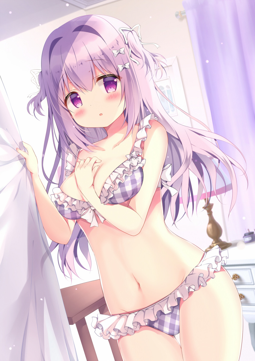 1girl :o azumi_kazuki bare_arms bare_shoulders bikini blush bow breasts commentary_request curtains desk_lamp frilled_bikini frills hair_bow hair_intakes hair_ribbon hands_up highres indoors lamp long_hair looking_at_viewer medium_breasts navel original parted_lips plaid plaid_bikini purple_bikini purple_eyes purple_hair ribbon solo standing swimsuit translation_request transparent two_side_up very_long_hair white_bow white_ribbon