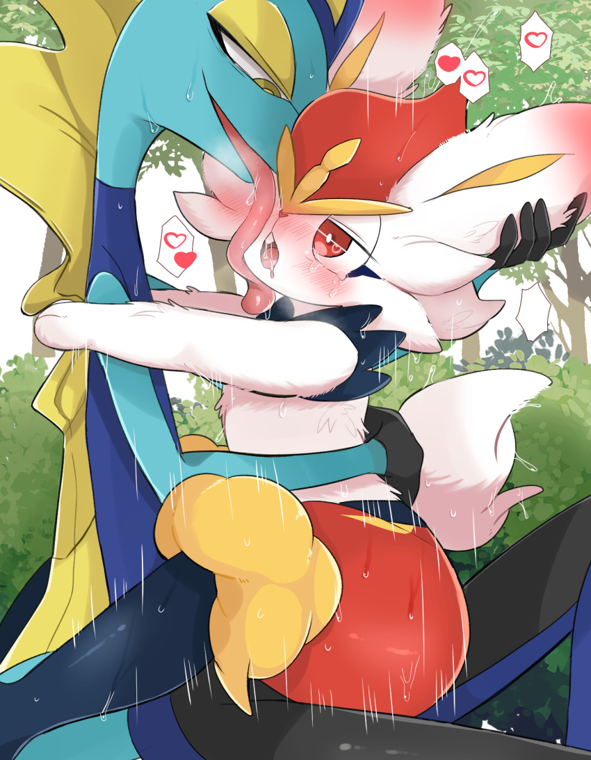&lt;3 &lt;3_eyes ambiguous_gender ambiguous_penetrated ambiguous_penetration anthro anthro_on_anthro anthro_penetrated anthro_penetrating anthro_penetrating_anthro blush cinderace duo ear_blush embrace face_lick forest forest_background from_front_position fur hi_res hug inteleon lagomorph leporid licking lizard long_tongue looking_pleasured male male/ambiguous male_penetrating male_penetrating_ambiguous mammal mastery_position nature nature_background nintendo open_mouth penetration plant pok&eacute;mon pok&eacute;mon_(species) prrrrrrmine rape_face reptile scalie sex smile tongue tongue_out tree video_games white_body white_fur
