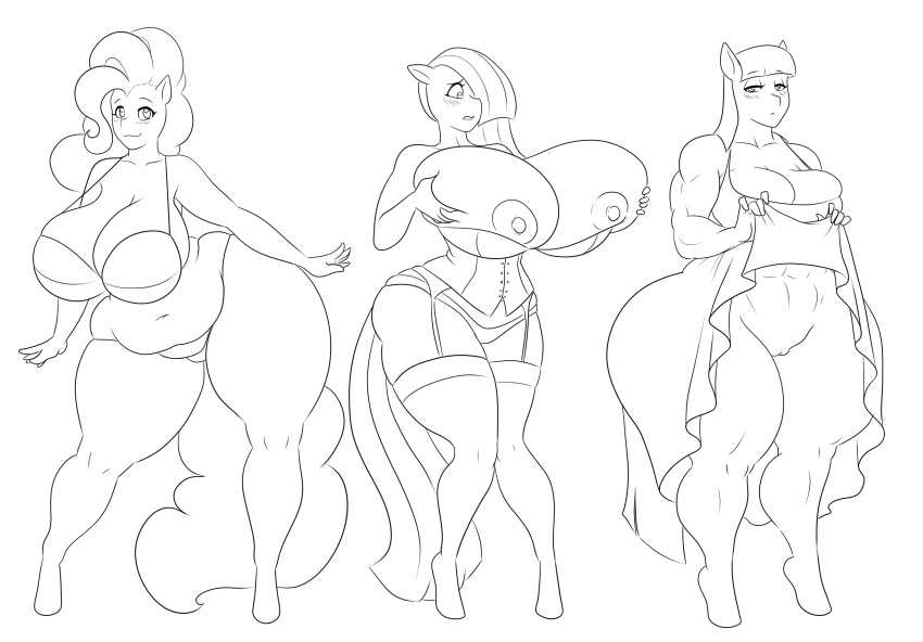 absurd_res anthro anthrofied big_breasts blush bra breasts chubby_female clothing equid equine female friendship_is_magic genitals group half-closed_eyes hi_res huge_breasts hyper hyper_breasts lingerie long_tail mammal marauder6272 marble_pie_(mlp) maud_pie_(mlp) monochrome my_little_pony narrowed_eyes nipples panties pinkie_pie_(mlp) pussy simple_background slightly_chubby smile thick_thighs trio underwear wardrobe_malfunction wide_hips