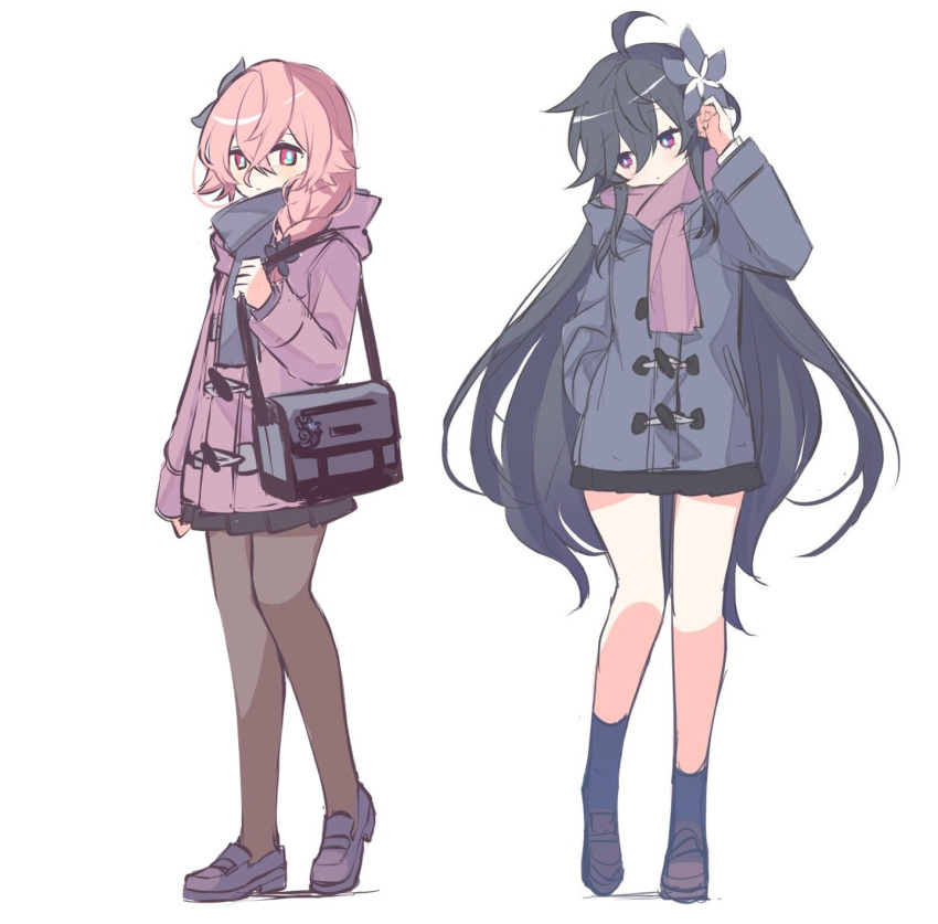 2girls ahoge alternate_costume bag bangs black_hair black_legwear black_skirt braid bright_pupils brown_footwear casual closed_mouth coat crossed_bangs duffel_coat elsword expressionless eyebrows_visible_through_hair flower full_body hair_between_eyes hair_flower hair_ornament hair_over_shoulder hand_in_pocket head_tilt highres keychain korean_commentary laby_(elsword) loafers long_hair long_sleeves looking_at_another messenger_bag multiple_girls nisha_labyrinth_(elsword) nodap_namaco pantyhose pink_eyes pink_hair pleated_skirt purple_eyes scarf shoes shoulder_bag sideways_glance simple_background skirt socks white_background winter_clothes