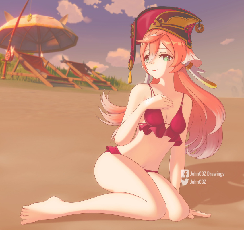 1girl :p arm_support bangs bare_arms bare_legs bare_shoulders barefoot beach_chair bikini blue_sky cloud commentary day fishing_rod genshin_impact green_eyes hair_between_eyes hand_on_own_chest hand_up highres johncgz long_hair looking_at_viewer navel pink_hair red_bikini red_headwear sitting sky smile solo stomach swimsuit thighs tongue tongue_out umbrella yanfei_(genshin_impact) yokozuwari